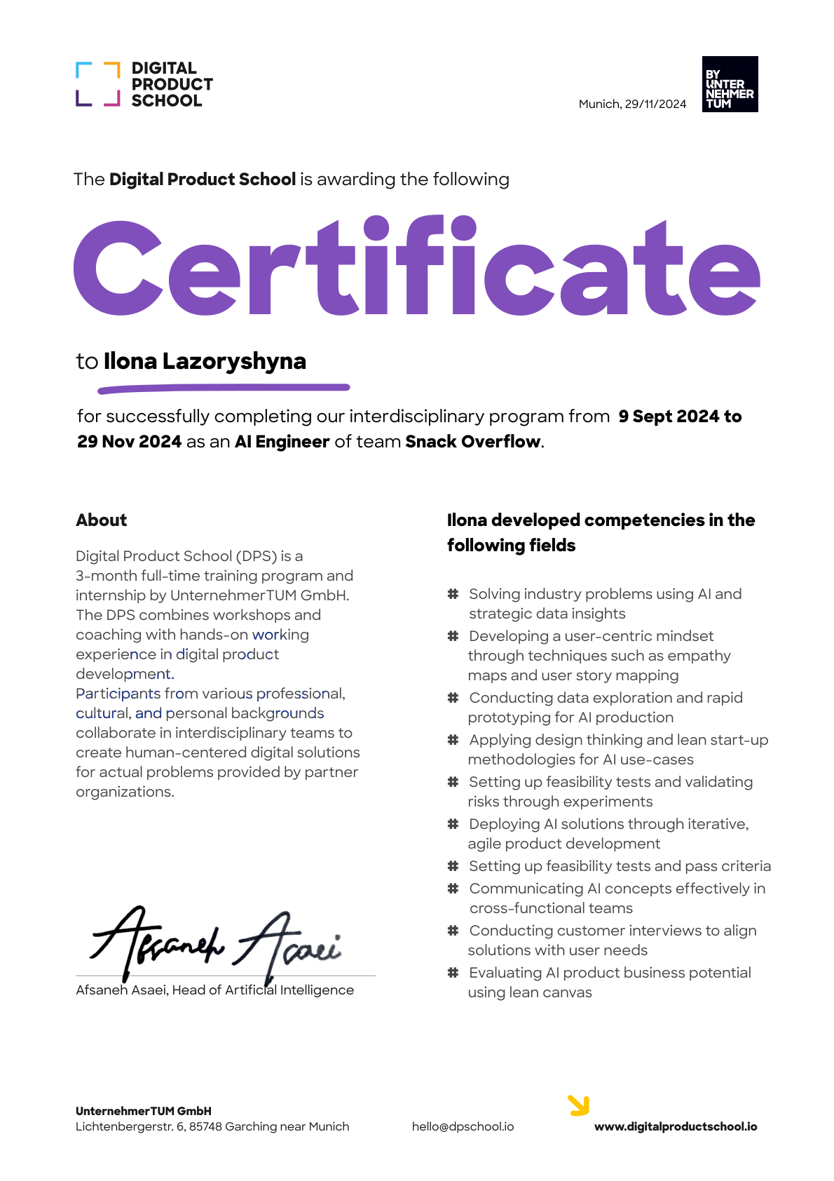 Preview of the certificate